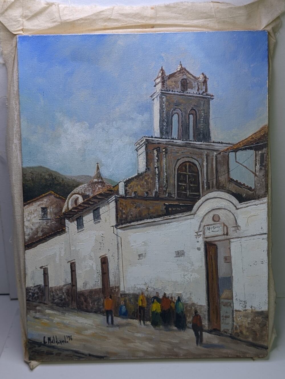 C. Maldonado 1996 Original Ecuador Oil Painting Canvas Colonial Church Signed